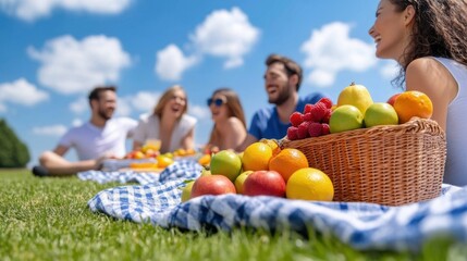 Group of friends sits on a picnic blanket under a bright blue sky, laughing and sharing fresh fruits. A wicker basket filled with colorful fruit adds to the cheerful atmosphere