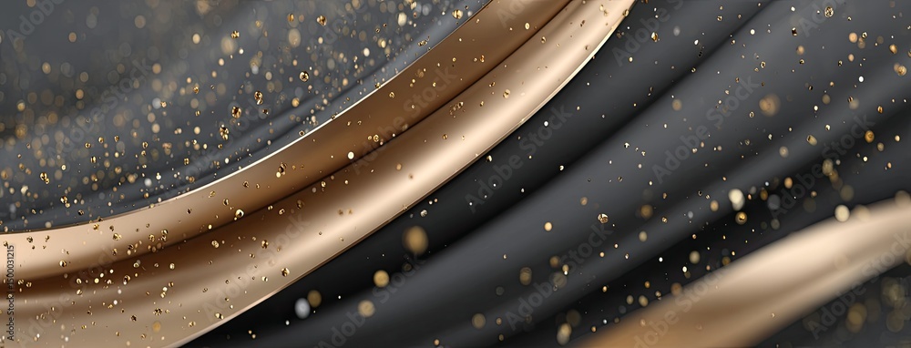 Poster golden ribbon winds along a dark surface, illuminated by soft light with floating particles creating