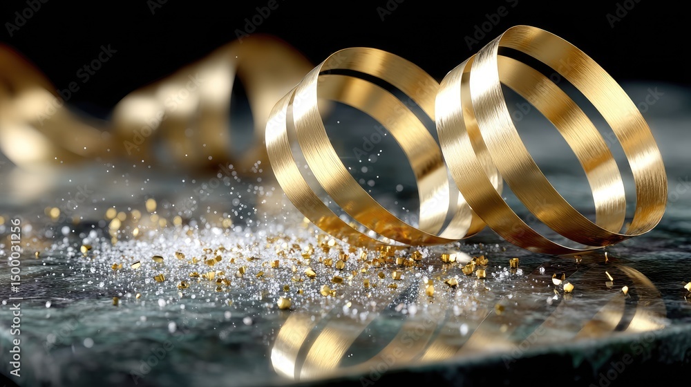 Aufkleber golden ribbon winds along a dark surface, illuminated by soft light with floating particles creating
