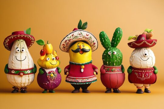 Five fiesta fruit and vegetable characters