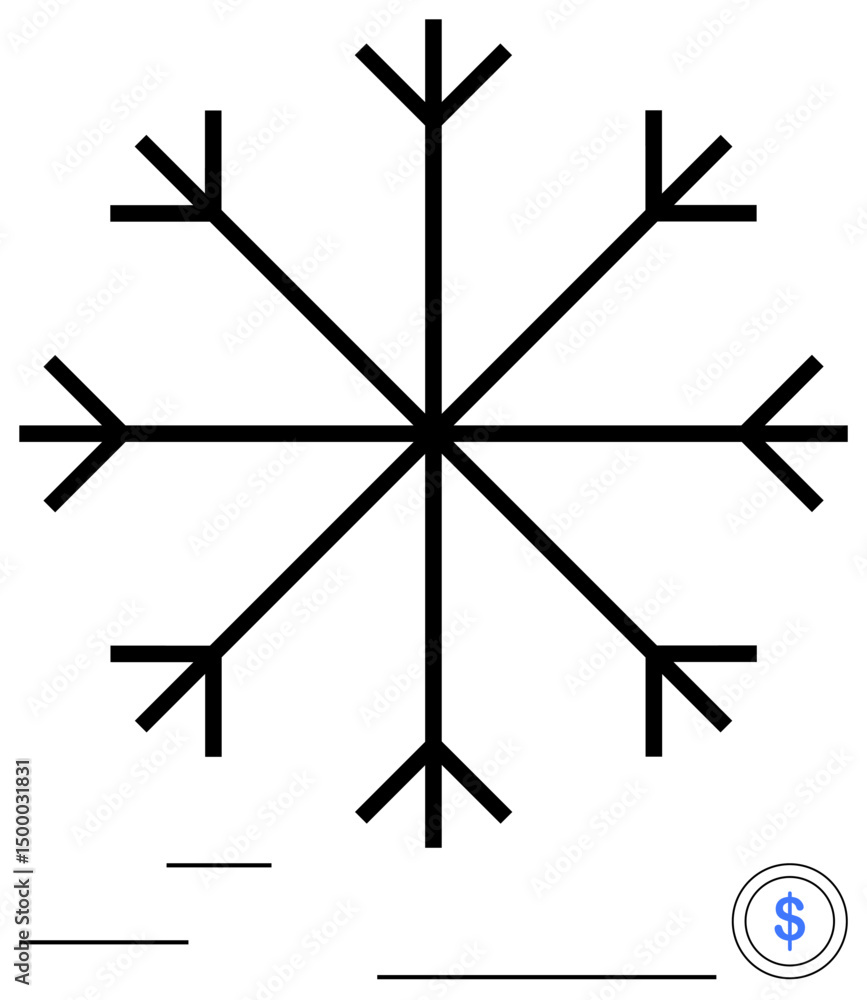 Aufkleber black geometric snowflake with sharp lines and arrow-shaped ends. tiny minimalist dollar symbol to t