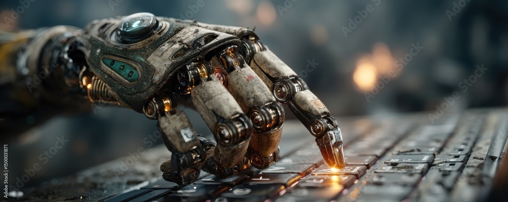 Poster close-up of a robotic hand typing on a keyboard with glowing keys