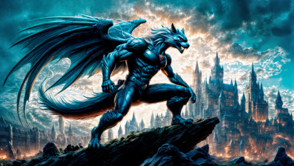 Fototapeta premium A powerful, muscular winged werewolf with striking blue fur and glowing red eyes perches atop a rugged rock formation, overlooking a sprawling, dark fantasy city with towering spires and gothic archit