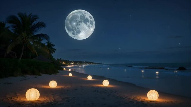 Tranquil beach scene with glowing spheres under a magnificent full moon at night high quality 4K video