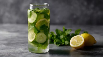 Fototapeta premium Refreshing infused water with cucumber mint and lemon
