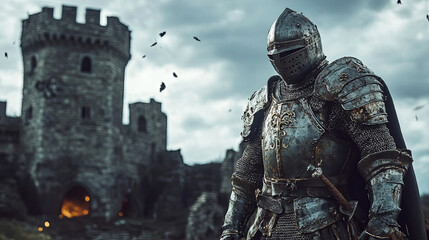 Fototapeta premium Armored knight stands resolutely in front of a medieval castle, showcasing intricate details of armor and a dramatic sky, evoking a sense of bravery and historical significance