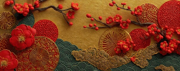 Golden design with Japanese patterns and vibrant red cherry blossom accents