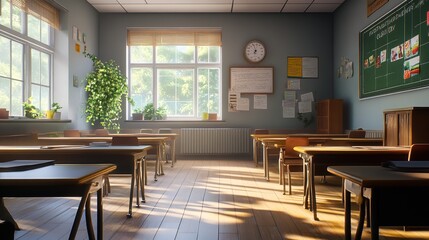Fototapeta premium Nostalgic view of an empty classroom awaiting students sunlight streaming on transparent background