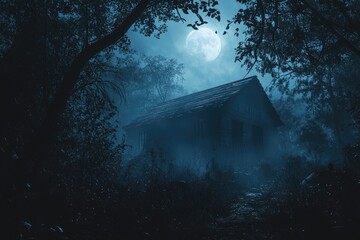 Haunted cabin in a misty, moonlit forest