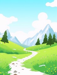 Fototapeta premium a winding path leading to snow-capped mountains, surrounded by green meadows, pine trees, and blooming flowers