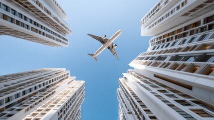 Obraz premium An airplane gracefully flies between tall white buildings, illuminated by a bright blue sky, capturing a moment of urban flight