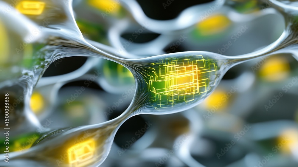 Poster a complex representation of a cellular structure highlights intricate circuit patterns in vibrant hu
