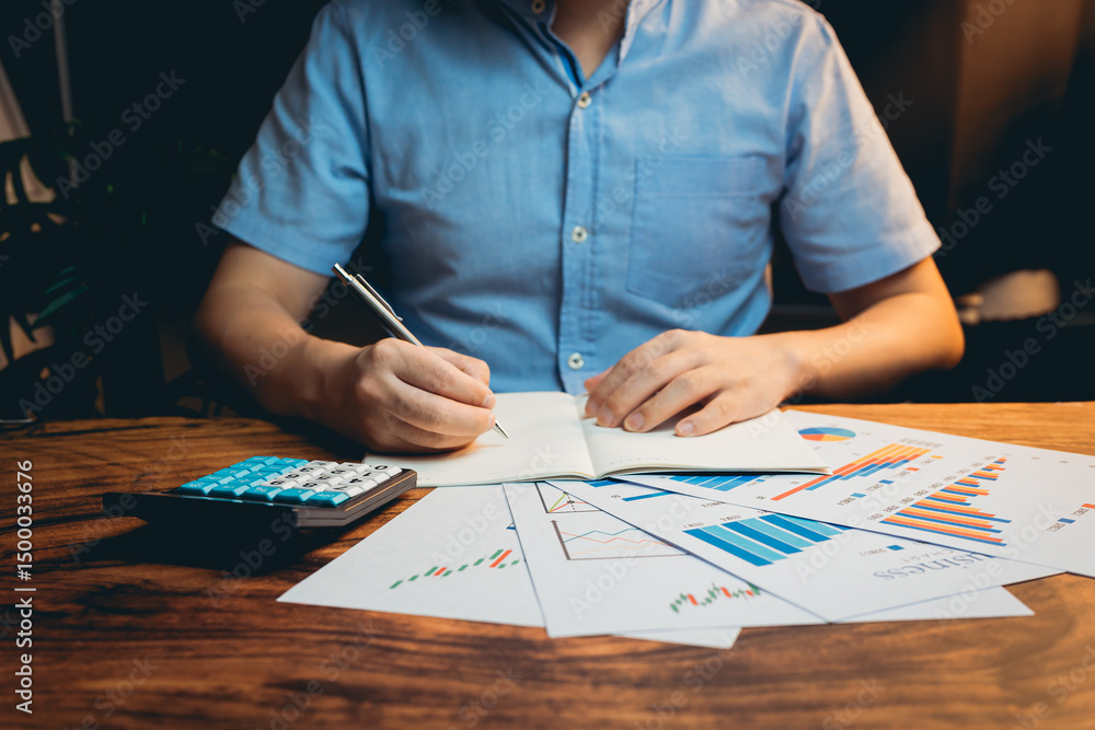 Poster person writing notes on paper with charts and graphs on a desk surrounded by a calculator and financ
