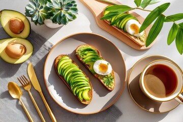 Flat lay of avocado toast with boiled egg and tea on a table