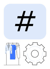 Obraz premium metadata tag above clothing rack and gear icon blending social media, fashion, and innovation. Ideal for marketing, trends, creativity, tech, branding, online growth simple landing page