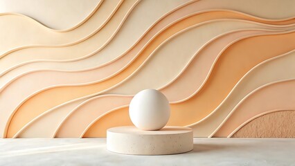 Abstract display podium with a white sphere and a layered wave pattern background