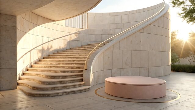 Architectural staircase design with a modern curved aesthetic and natural sunlight illumination - Powered by Adobe