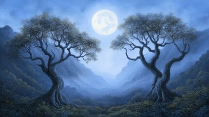 Enchanting moonlit forest, two trees bathed in lunar glow beneath a full moon moonlit
