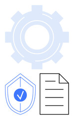 Gear for operation, shield with a check mark for security, and document suggesting compliance. Ideal for security, management, operations, trust, authentication, protection flat simple metaphor
