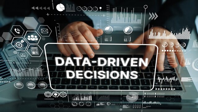 Hands Typing on Laptop Surrounded by Digital Icons and Data Visualizations for Data-Driven Decision Making. Asymptotic smart data analytic.