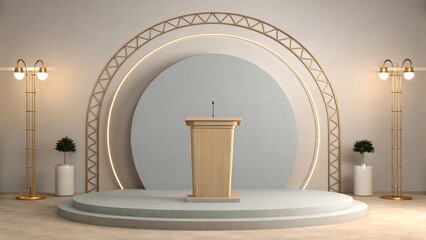 Elegant wooden podium on stage with gold accents ready for presentation and speech