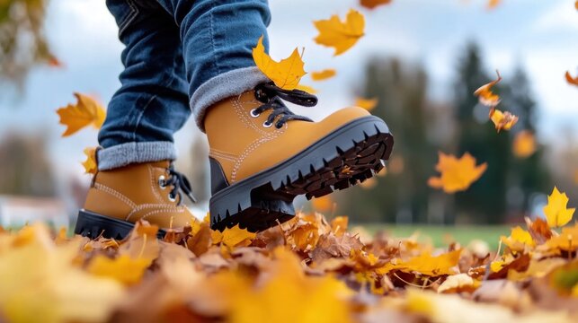 A person steps through a vibrant carpet of orange and yellow leaves in a park, wearing durable boots.