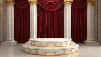 Luxurious marble podium with red velvet curtains and golden pillars for stage presence