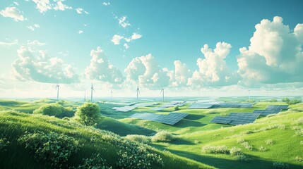 A serene landscape featuring green hills and renewable energy sources like wind turbines and solar panels under a bright blue sky with fluffy clouds, symbolizing sustainability and