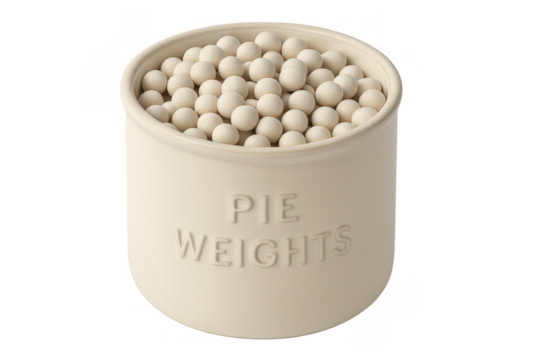 Ceramic jar filled with pie weights on transparent background