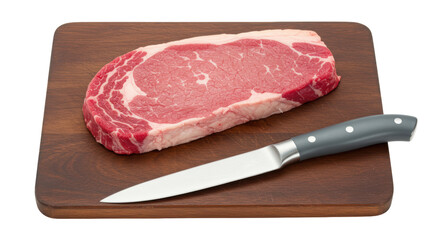 Isolated Raw Steak and Knife on Cutting Board
