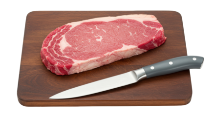 Isolated Raw Steak and Knife on Cutting Board