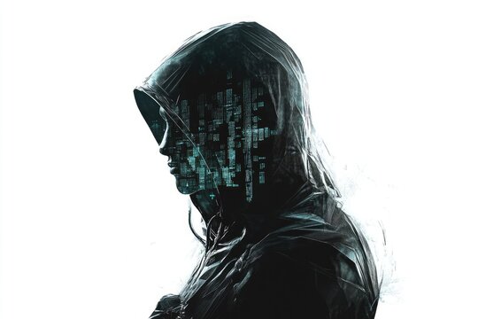 Profile view of hooded figure, digital overlay of text