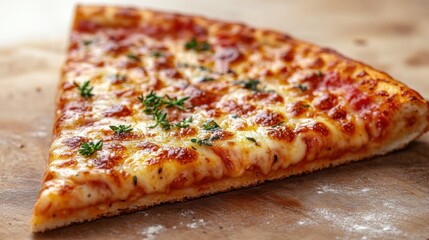 A mouthwatering slice of pizza sits on a wooden surface. This slice features gooey, golden cheese and is garnished with fresh herbs. Perfectly baked, it invites indulgence at any time