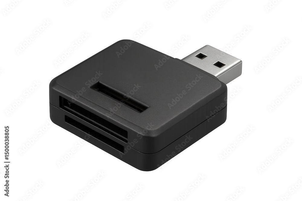 Poster black memory card reader connecting to usb port on transparent background