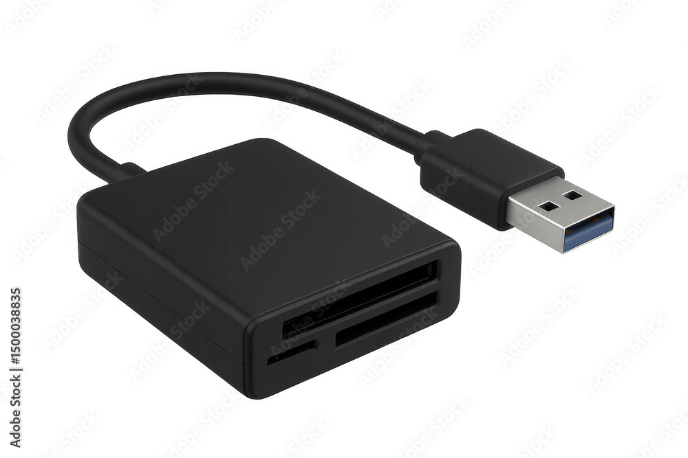 Poster black usb card reader connecting to computer on transparent background