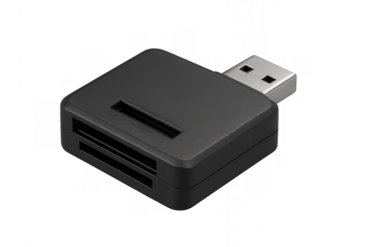Black memory card reader connecting to usb port on transparent background