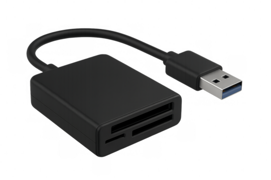 Black usb card reader connecting to computer on transparent background