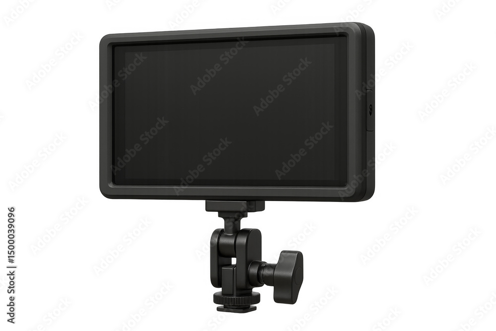 Poster external monitor displaying black screen on adjustable mount with transparent background
