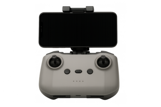 Modern remote control for drone with smartphone and transparent background
