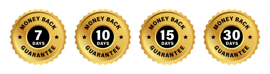 Set of money back guarantee logo in golden color vector badges collection with 7, 10, 15 and 30 days return policy. Tag, sticker, stamp, label, sign vector logo.