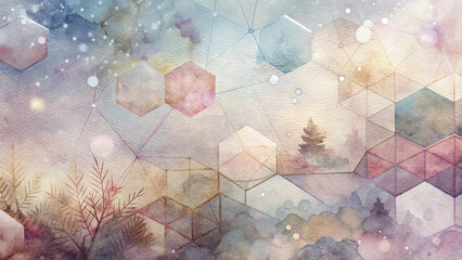 Abstract Watercolor Landscape with Geometric Hexagons