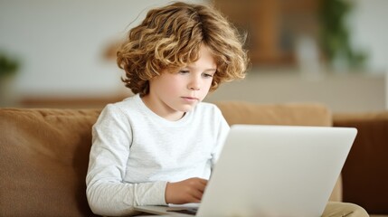 Young girl with curly hair using a laptop indoors in a casual setting