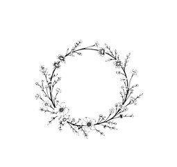 Floral Wreath: Delicate hand-drawn floral wreath design, artfully rendered with intricate lines and botanical details, conveying elegance and the beauty of nature.