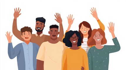 Diverse group of cheerful people waving hands in a friendly manner illustration