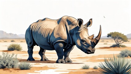 Scientific illustration-style black rhinoceros in its arid scrubland habitat, muted earth tones, detailed line art with subtle watercolor textures, white background, educational and minimalist