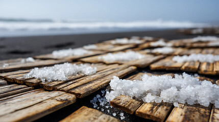 Close-up of Salt Crystals Forming on Weathered Wooden Slices with Blurred Ocean Background