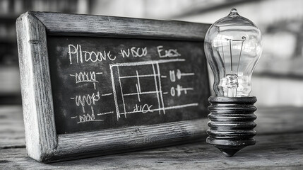 Black and white photo of lightbulb near small blackboard with diagram, on a weathered wooden surface