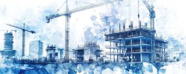 Watercolor illustration of a construction site with cranes and a skyscraper under construction