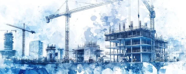 Photo sur Plexiglas Watercolor illustration of a construction site with cranes and a skyscraper under construction