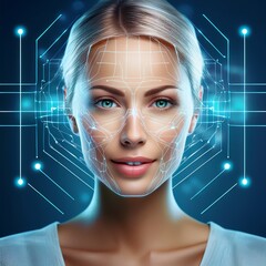 Frau mit biometrischer Gesichtserkennung – digitale Zukunftstechnologie zur Identifikation und Überwachung. - obrazy, fototapety, plakaty